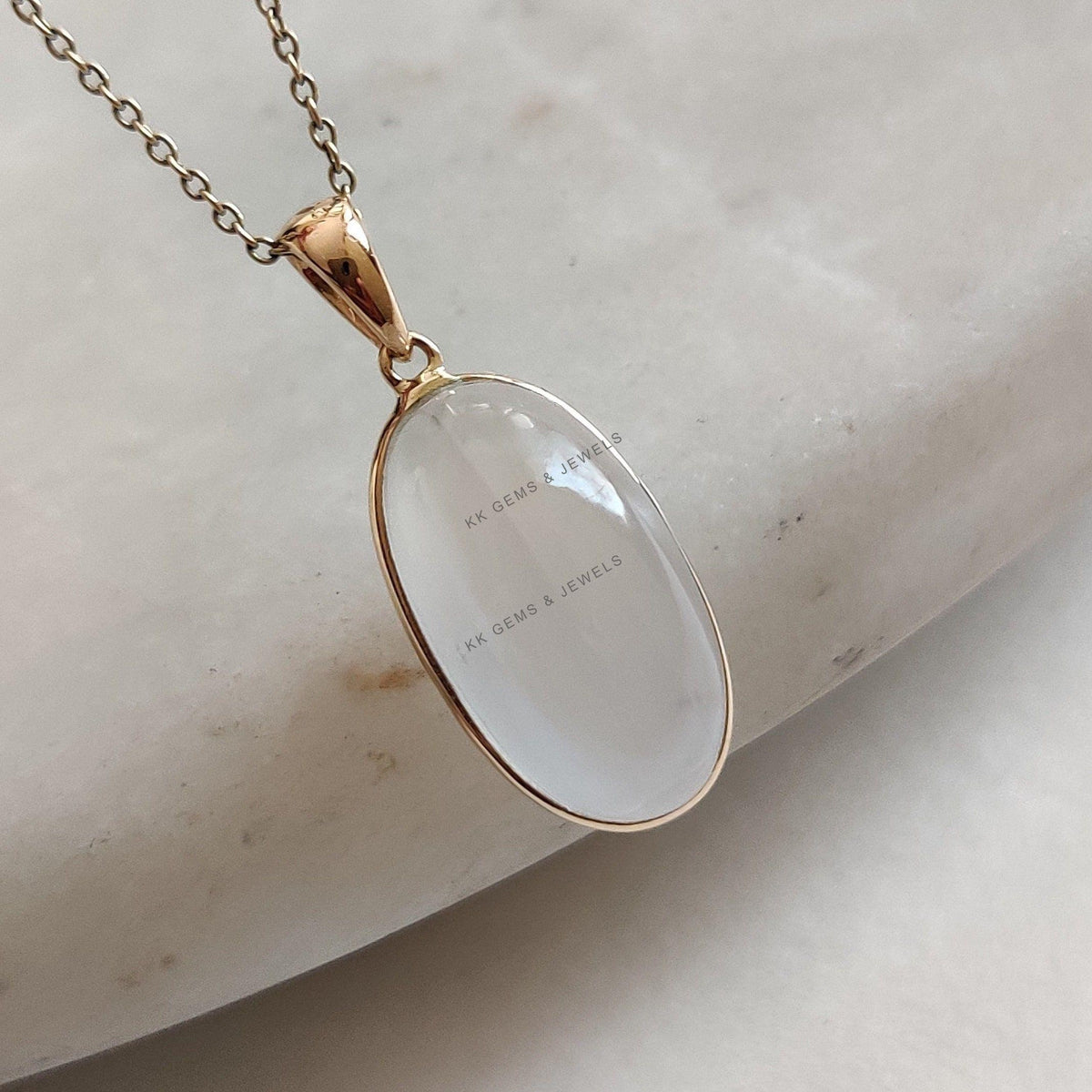 14K Solid Yellow Gold Natural Rainbow Moonstone Oval Pendant , June Birthstone