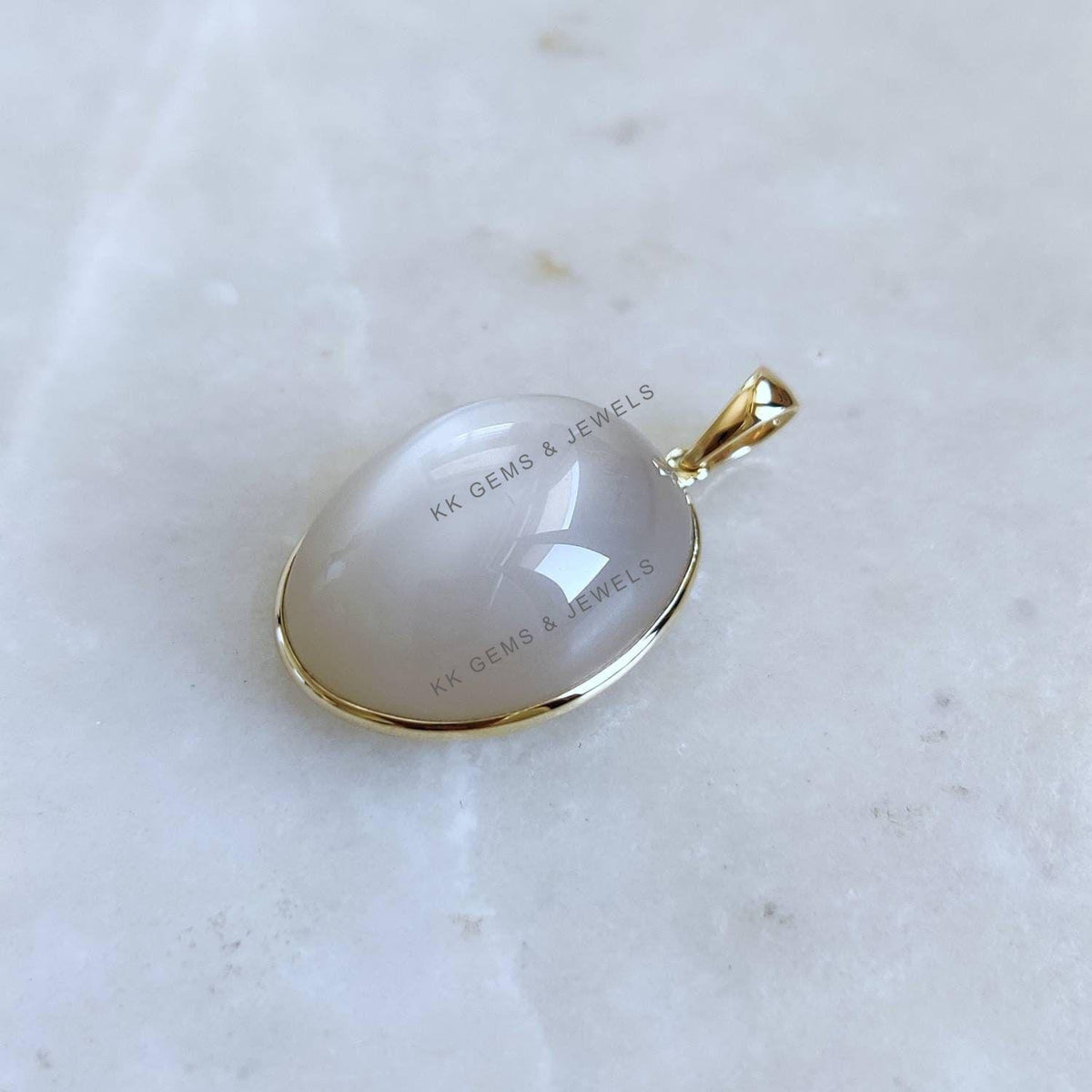 Oval Natural White Moonstone Pendant, 14K Solid Yellow Gold, June Birthstone
