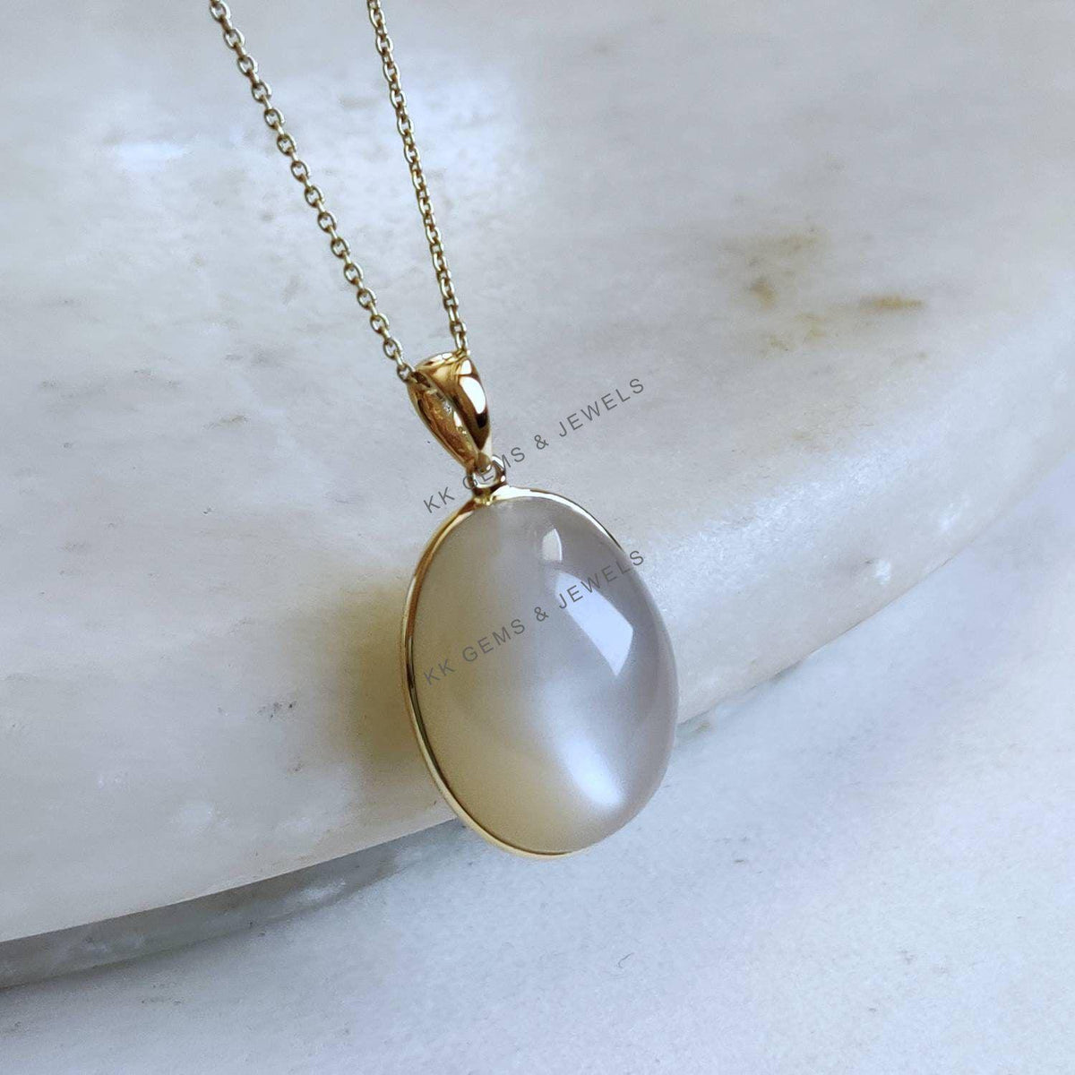 Oval Natural White Moonstone Pendant, 14K Solid Yellow Gold, June Birthstone