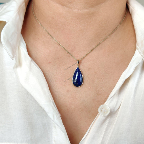 14K Solid Gold Natural Lapis Lazuli Pendant, Pear Cabochon, September Birthstone