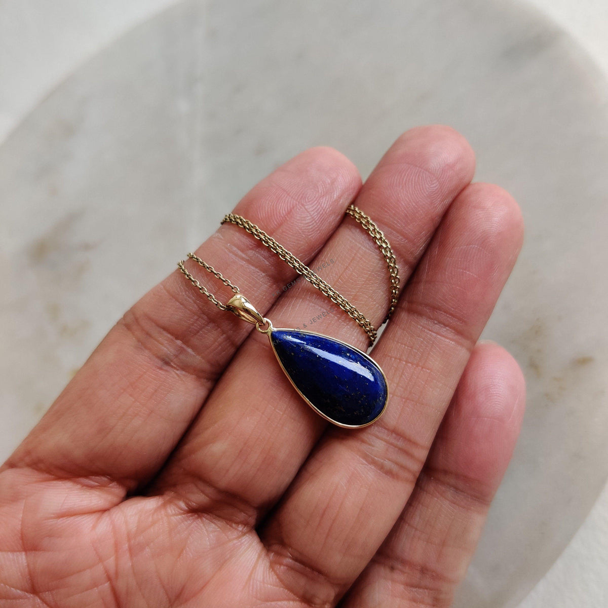 14K Solid Gold Natural Lapis Lazuli Pendant, Pear Cabochon, September Birthstone