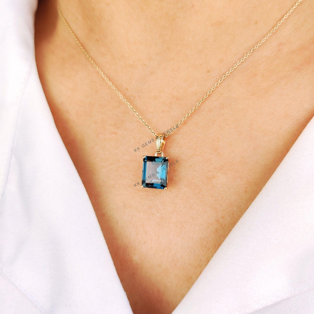 14K Solid Yellow Gold Natural London Blue Topaz Pendant, Emerald Cut