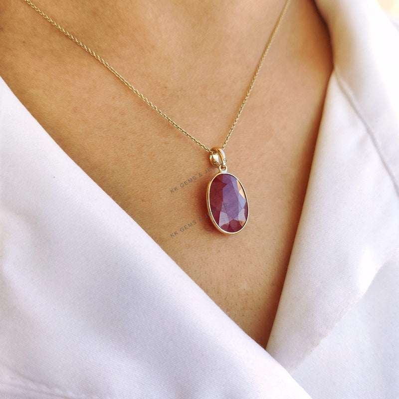 Natural Oval Ruby Pendant, 14K Solid Yellow Gold Bezel, July Birthstone