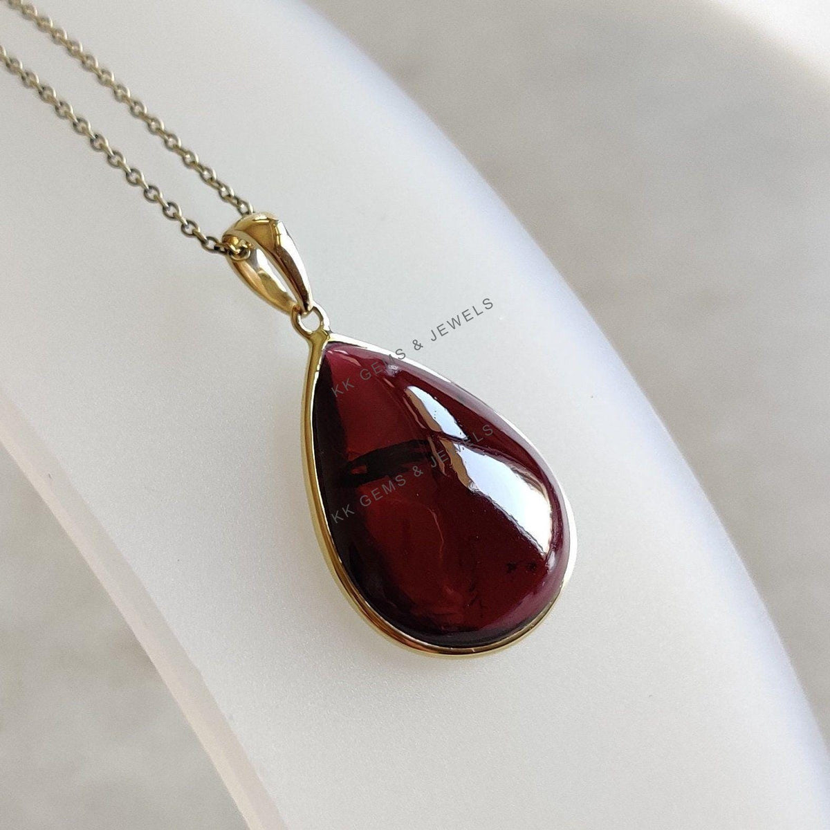 14K Solid Yellow Gold Pear Natural Garnet Bezel Pendant, January Birthstone