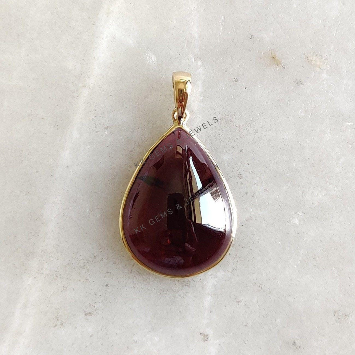 14K Solid Yellow Gold Pear Natural Garnet Bezel Pendant, January Birthstone