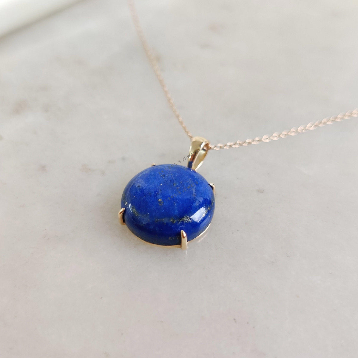 14K Solid Yellow Gold Round Natural Lapis Lazuli Pendant, September Birthstone
