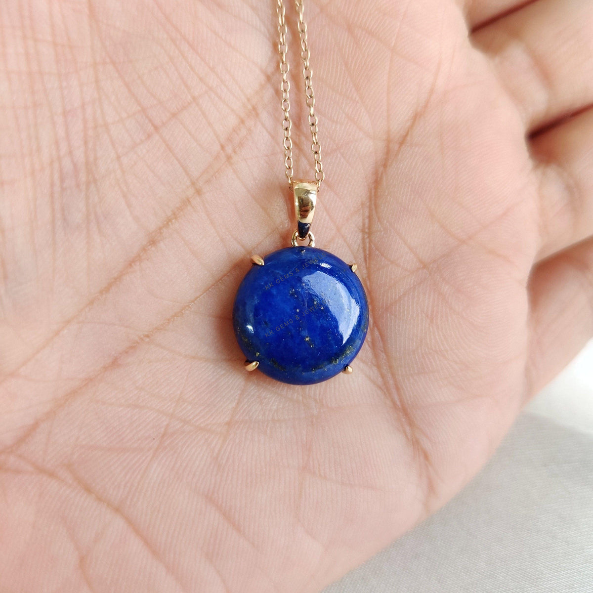 14K Solid Yellow Gold Round Natural Lapis Lazuli Pendant, September Birthstone