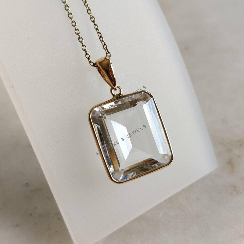 14K Solid Gold Natural Clear Quartz Bezel Pendant, April Birthstone