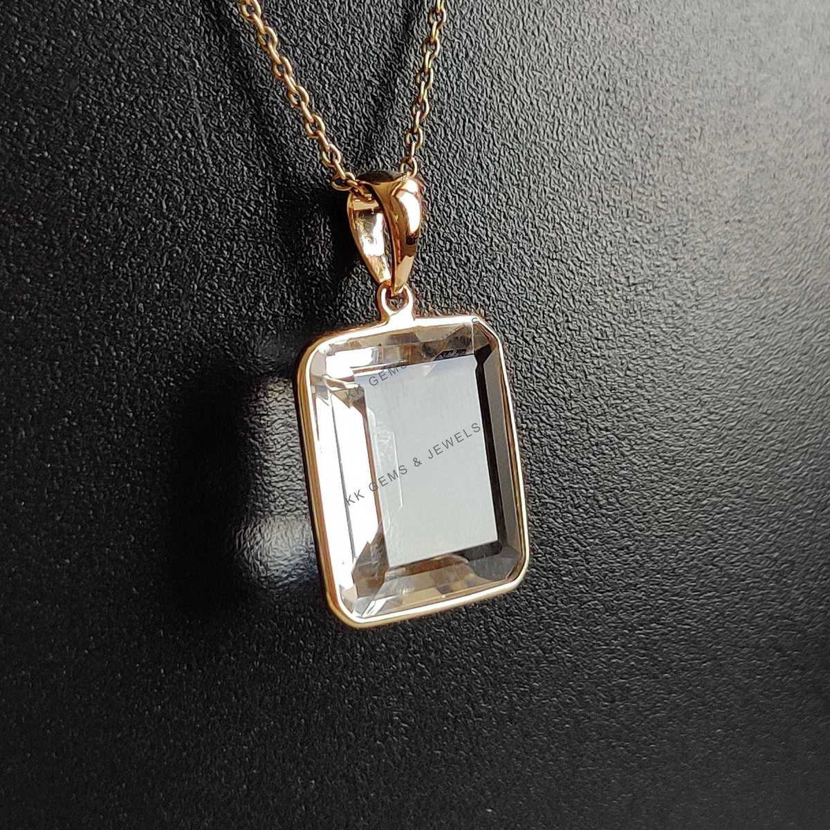 14K Solid Gold Natural Clear Quartz Bezel Pendant, April Birthstone
