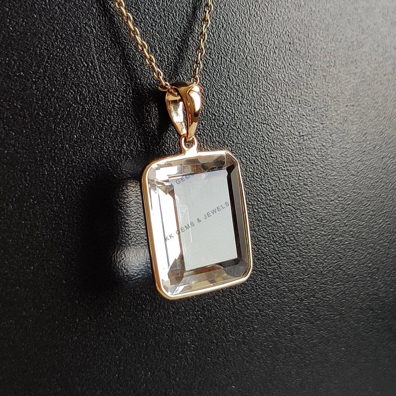14K Solid Gold Natural Clear Quartz Bezel Pendant, April Birthstone