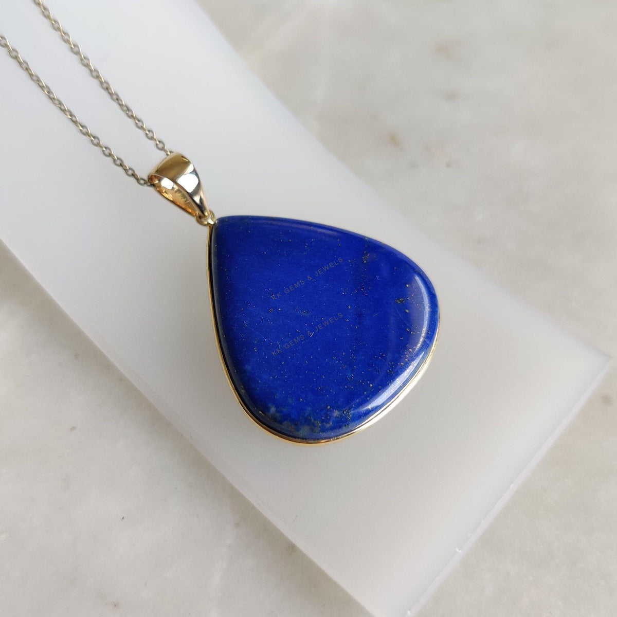 14K Solid Yellow Gold Natural Lapis Lazuli Pear Bezel Pendant, September Birthstone