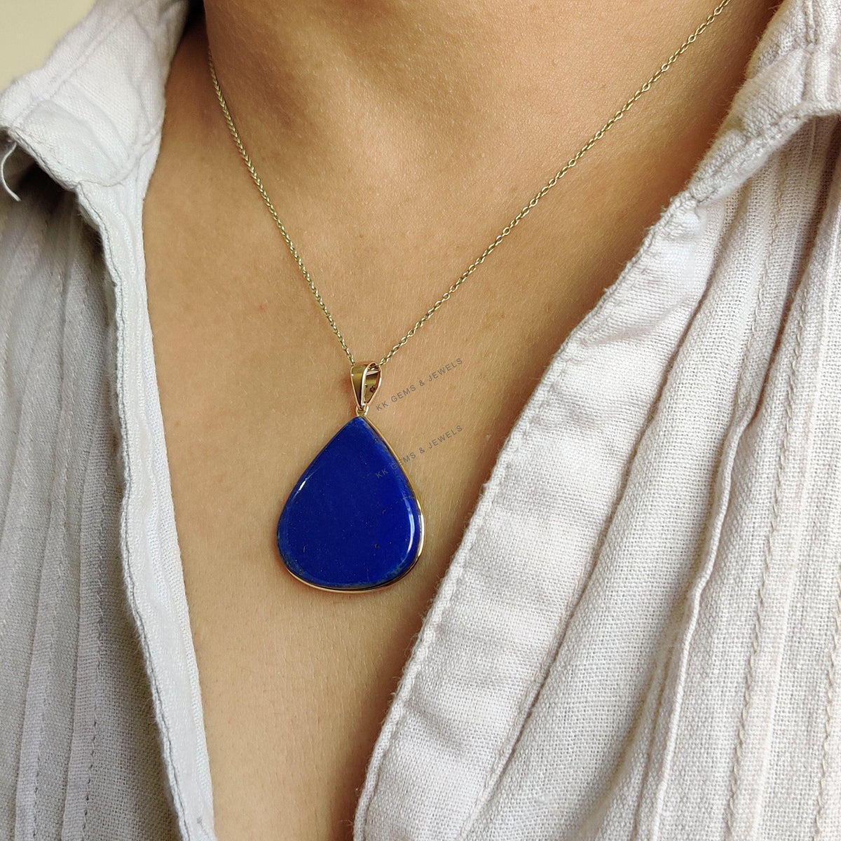 14K Solid Yellow Gold Natural Lapis Lazuli Pear Bezel Pendant, September Birthstone