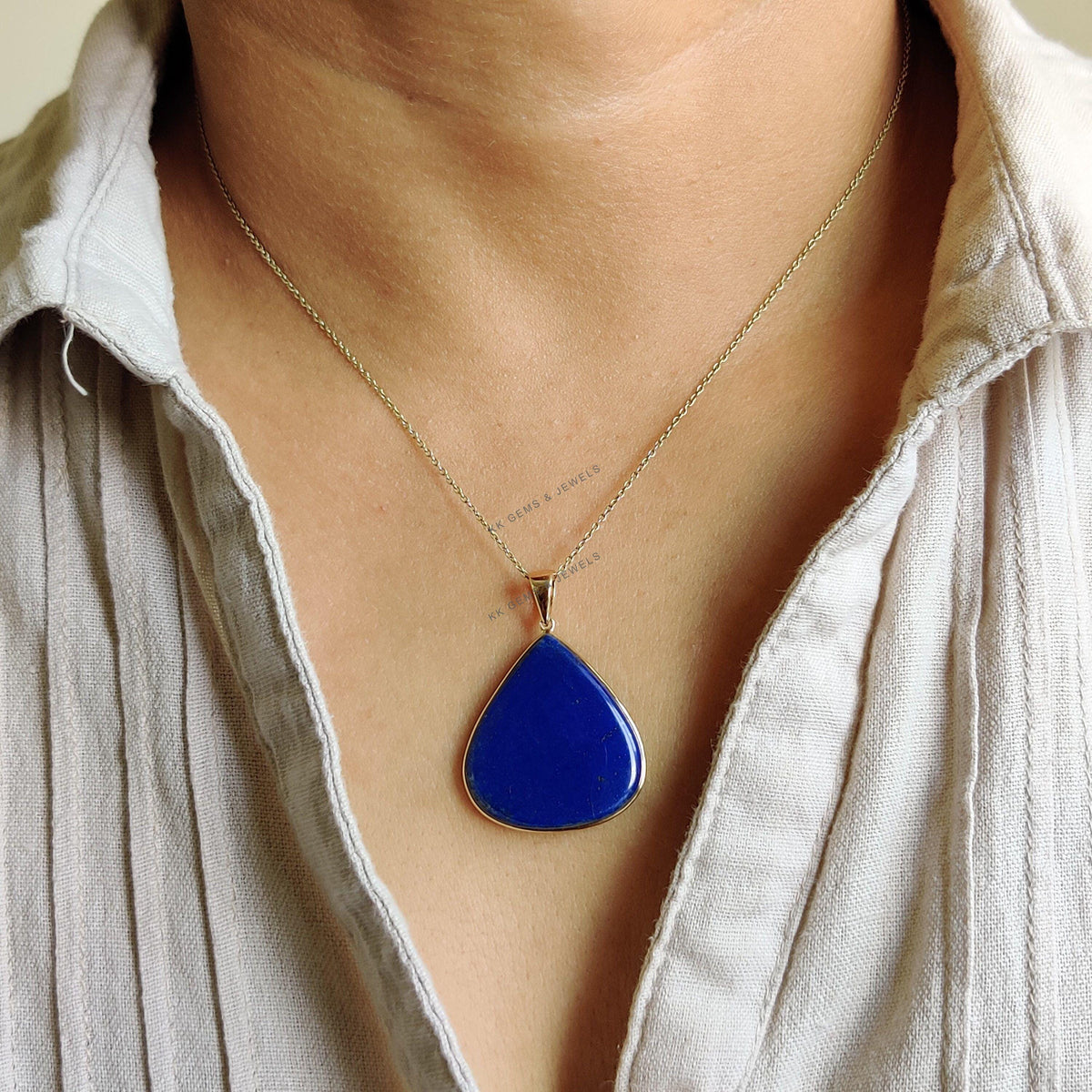 14K Solid Yellow Gold Natural Lapis Lazuli Pear Bezel Pendant, September Birthstone