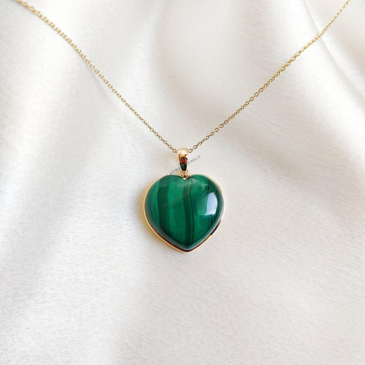 14K Solid Yellow Gold Natural Malachite Heart Pendant, May Birthstone Valentine Gift