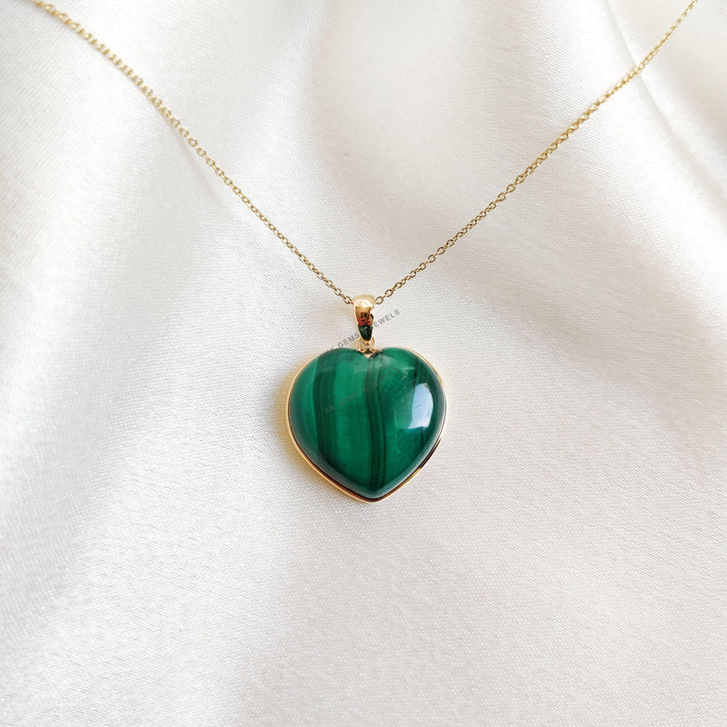 14K Solid Yellow Gold Natural Malachite Heart Pendant, May Birthstone Valentine Gift