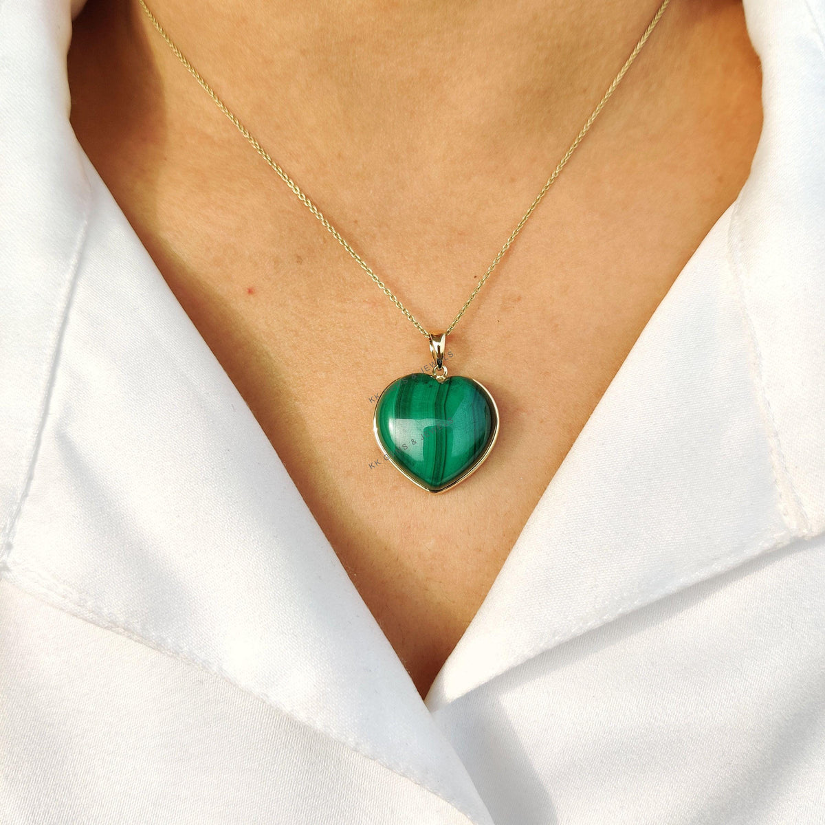 14K Solid Yellow Gold Natural Malachite Heart Pendant, May Birthstone Valentine Gift