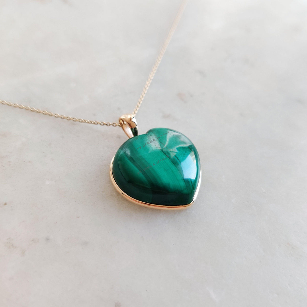 14K Solid Yellow Gold Natural Malachite Heart Pendant, May Birthstone Valentine Gift