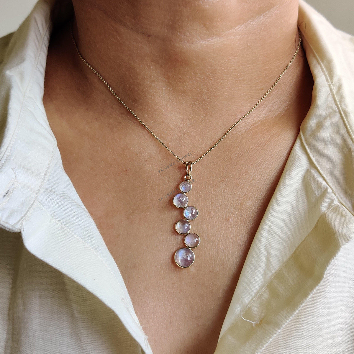 Natural Rainbow Moonstone 14K Solid Yellow Gold Pendant, June Birthstone