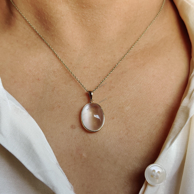 Oval Natural White Moonstone Pendant, 14K Solid Yellow Gold, June Birthstone