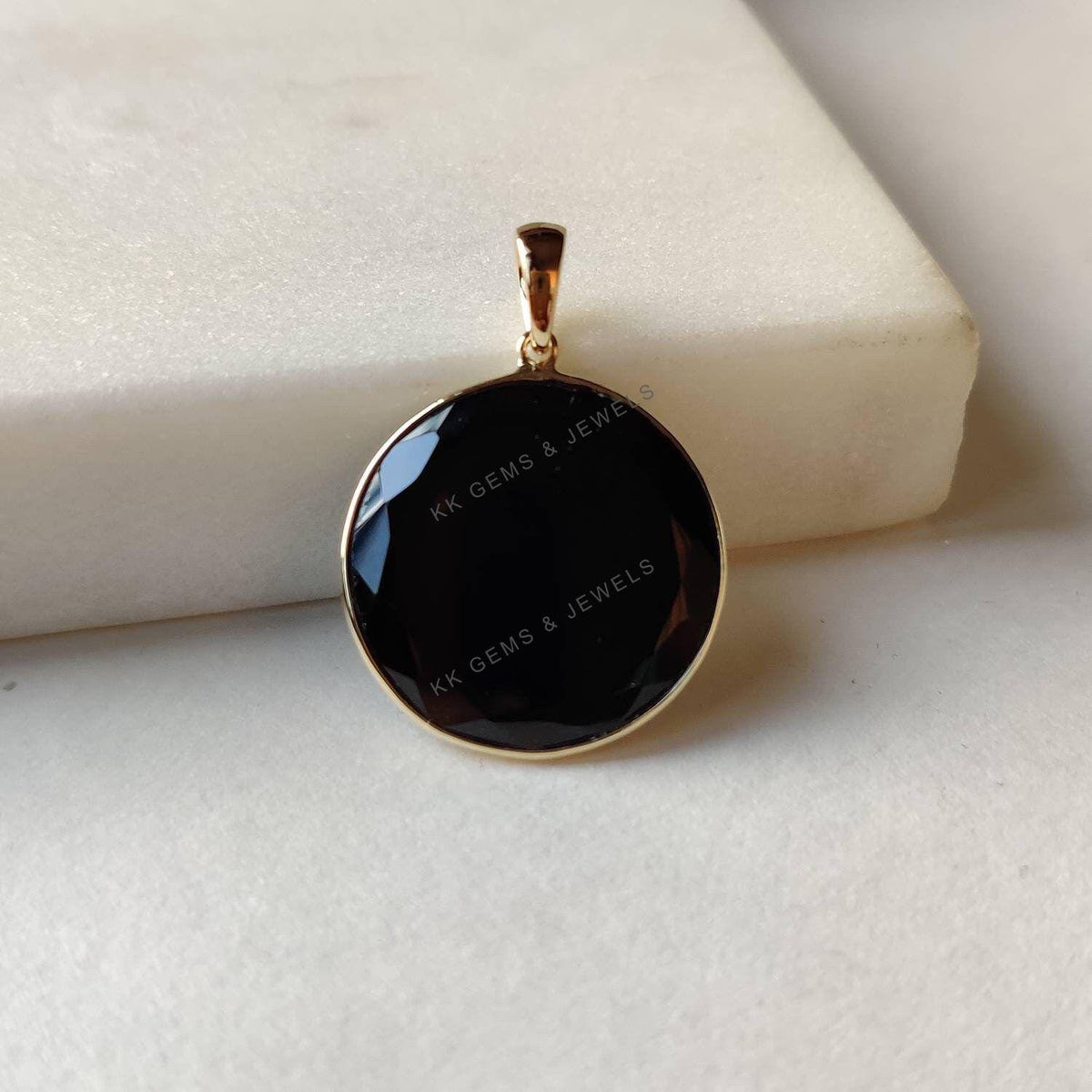 14K Solid Yellow Gold Natural Black Onyx Pendant, Round December Birthstone Pendant, Christmas Present