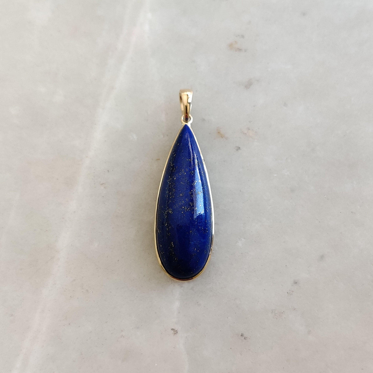 14K Solid Gold Natural Lapis Lazuli Pendant: Pear Cabochon, September Birthstone