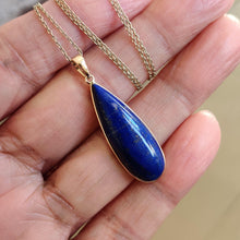 14K Solid Gold Natural Lapis Lazuli Pendant: Pear Cabochon, September Birthstone