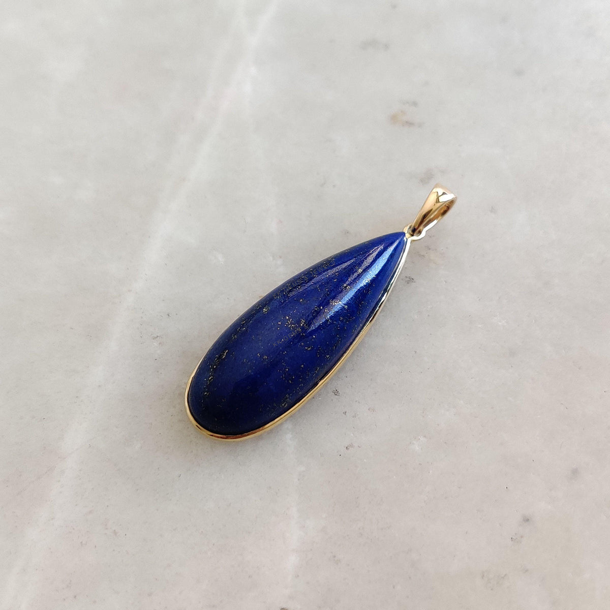 14K Solid Gold Natural Lapis Lazuli Pendant: Pear Cabochon, September Birthstone