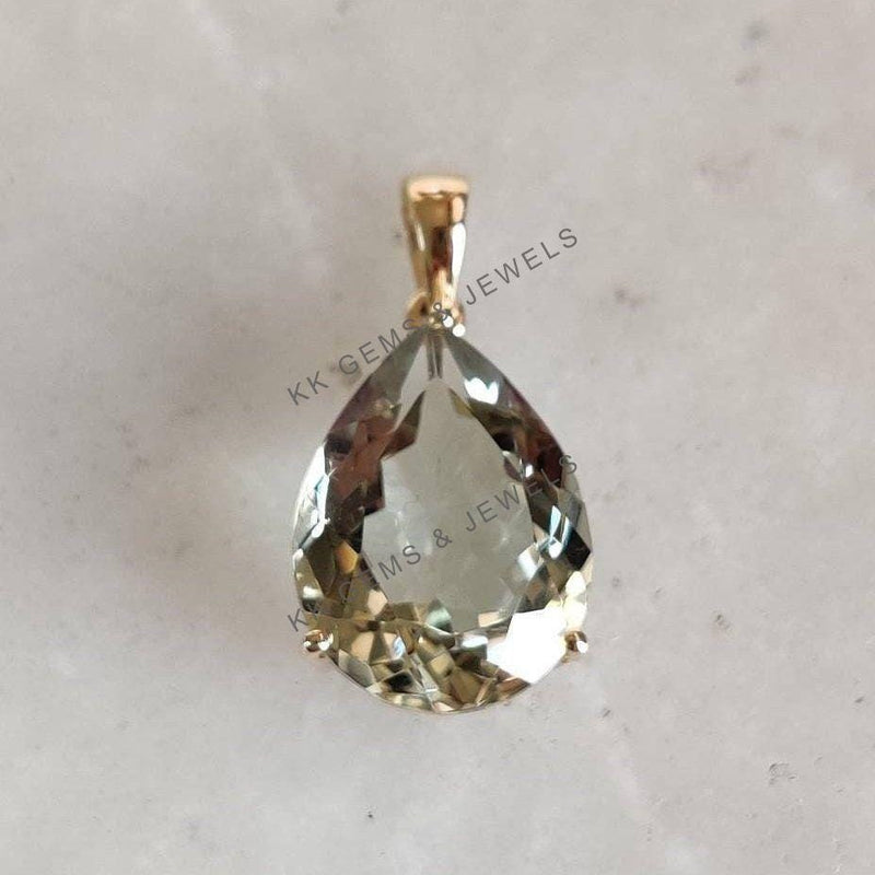 Pear Natural Green Amethyst Pendant, 14K Solid Yellow Gold, February Birthstone