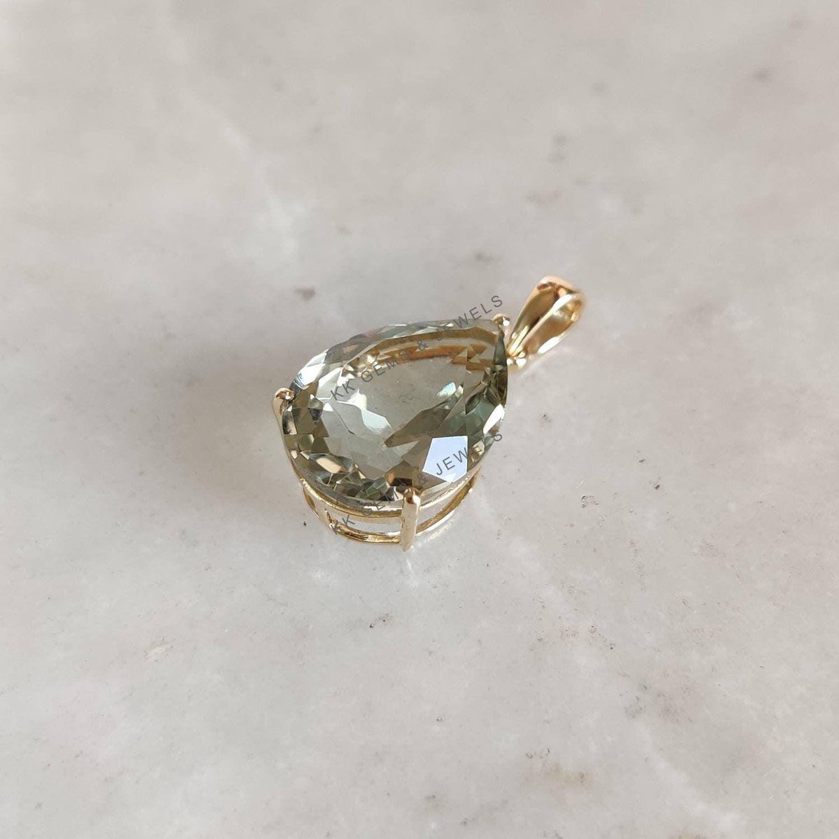 Pear Natural Green Amethyst Pendant, 14K Solid Yellow Gold, February Birthstone
