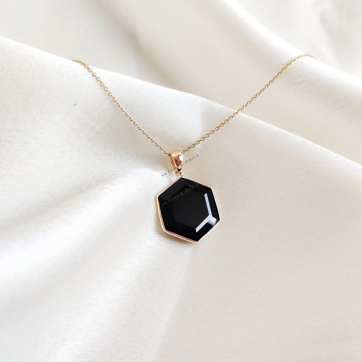 14K Solid Yellow Gold Natural Black Onyx Hexagon Pendant, December Birthstone, Christmas Present