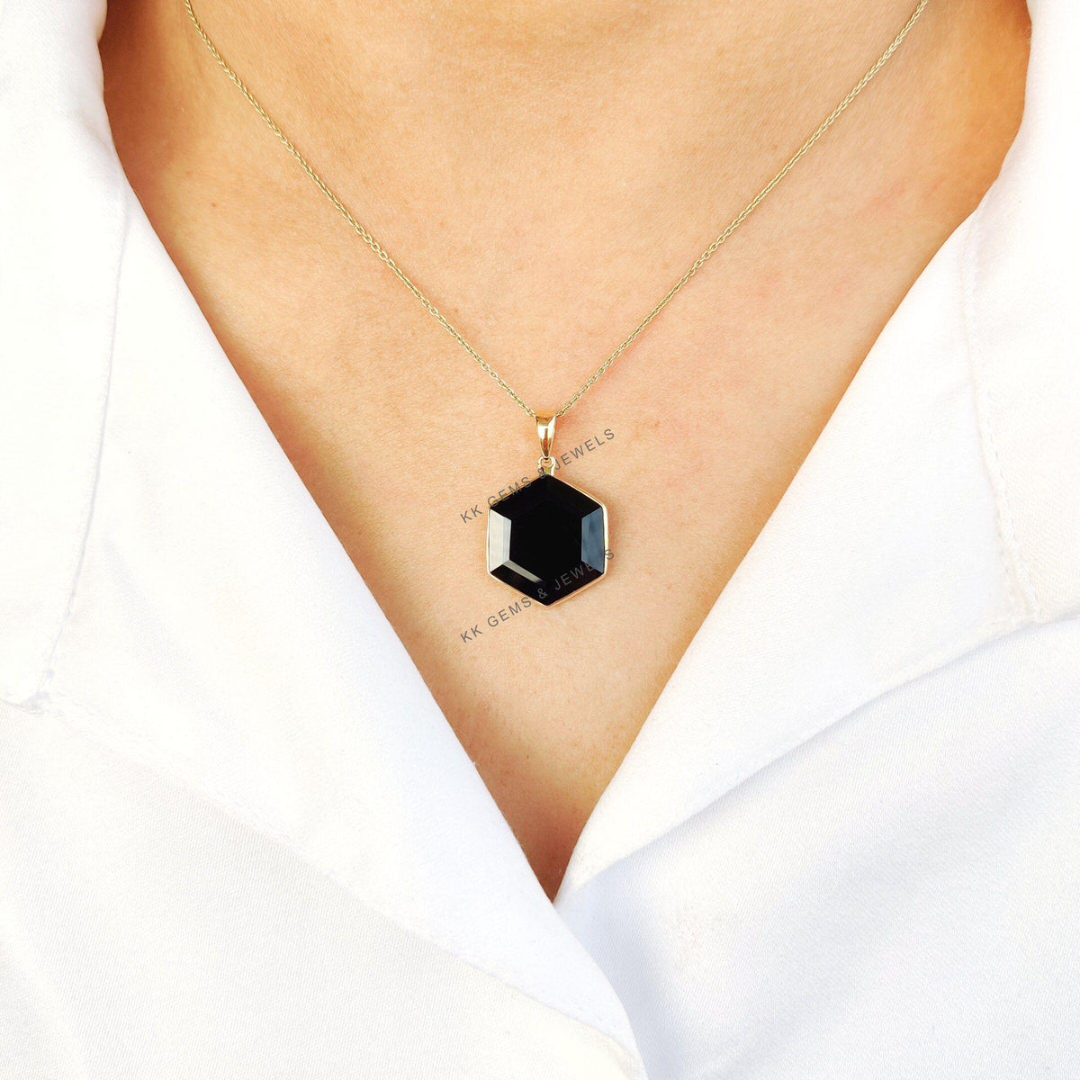 14K Solid Yellow Gold Natural Black Onyx Hexagon Pendant, December Birthstone, Christmas Present