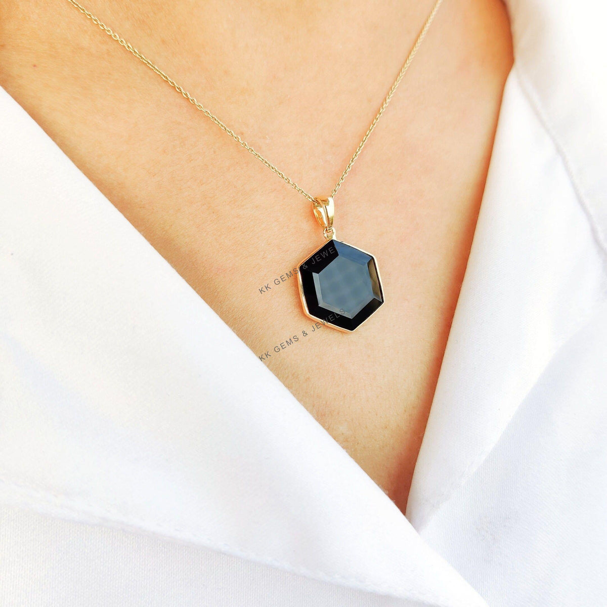 14K Solid Yellow Gold Natural Black Onyx Hexagon Pendant, December Birthstone, Christmas Present
