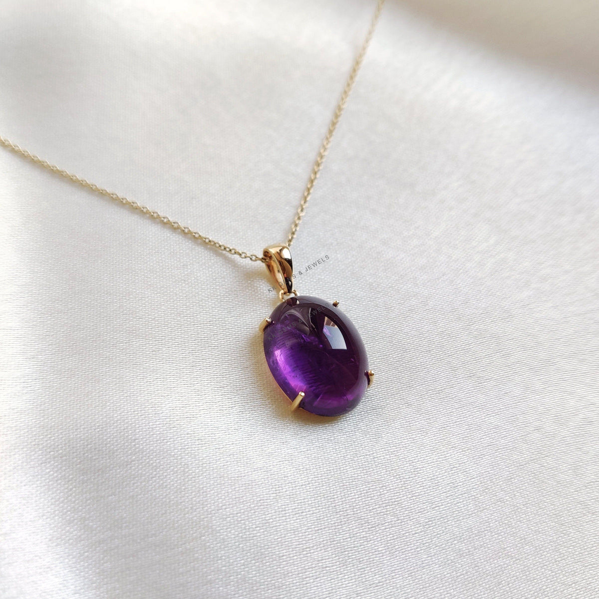 14K Solid Yellow Gold Oval Natural Purple Amethyst Pendant, February Birthstone
