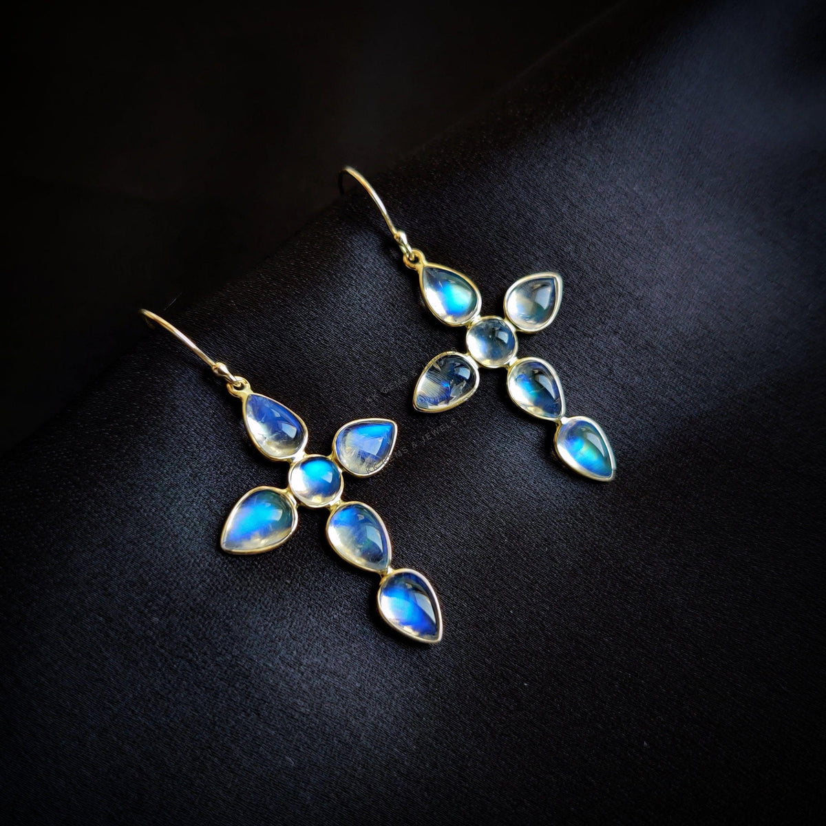 14K Solid Yellow Gold Natural Rainbow Moonstone Cross Earrings, June Birthstone