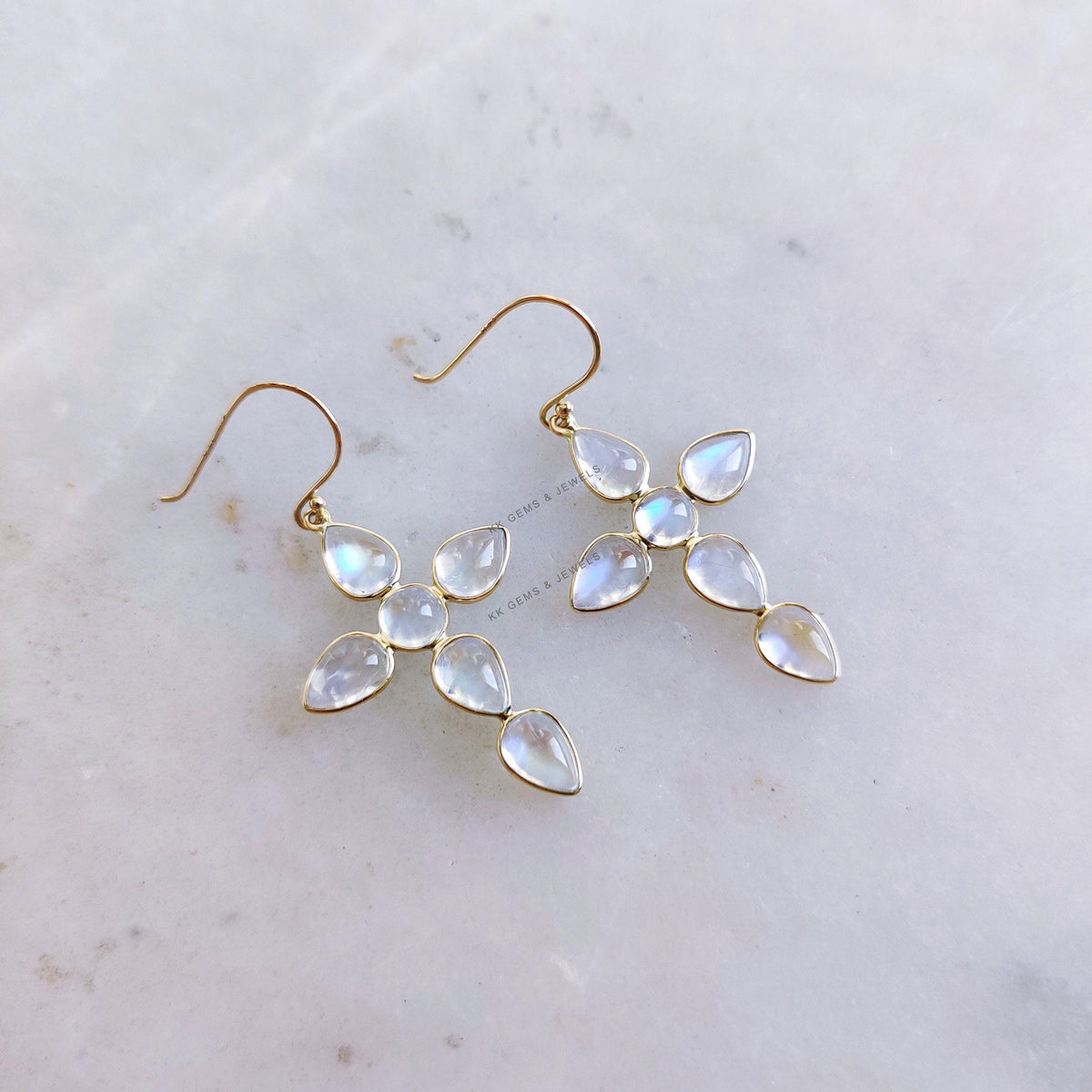 14K Solid Yellow Gold Natural Rainbow Moonstone Cross Earrings, June Birthstone