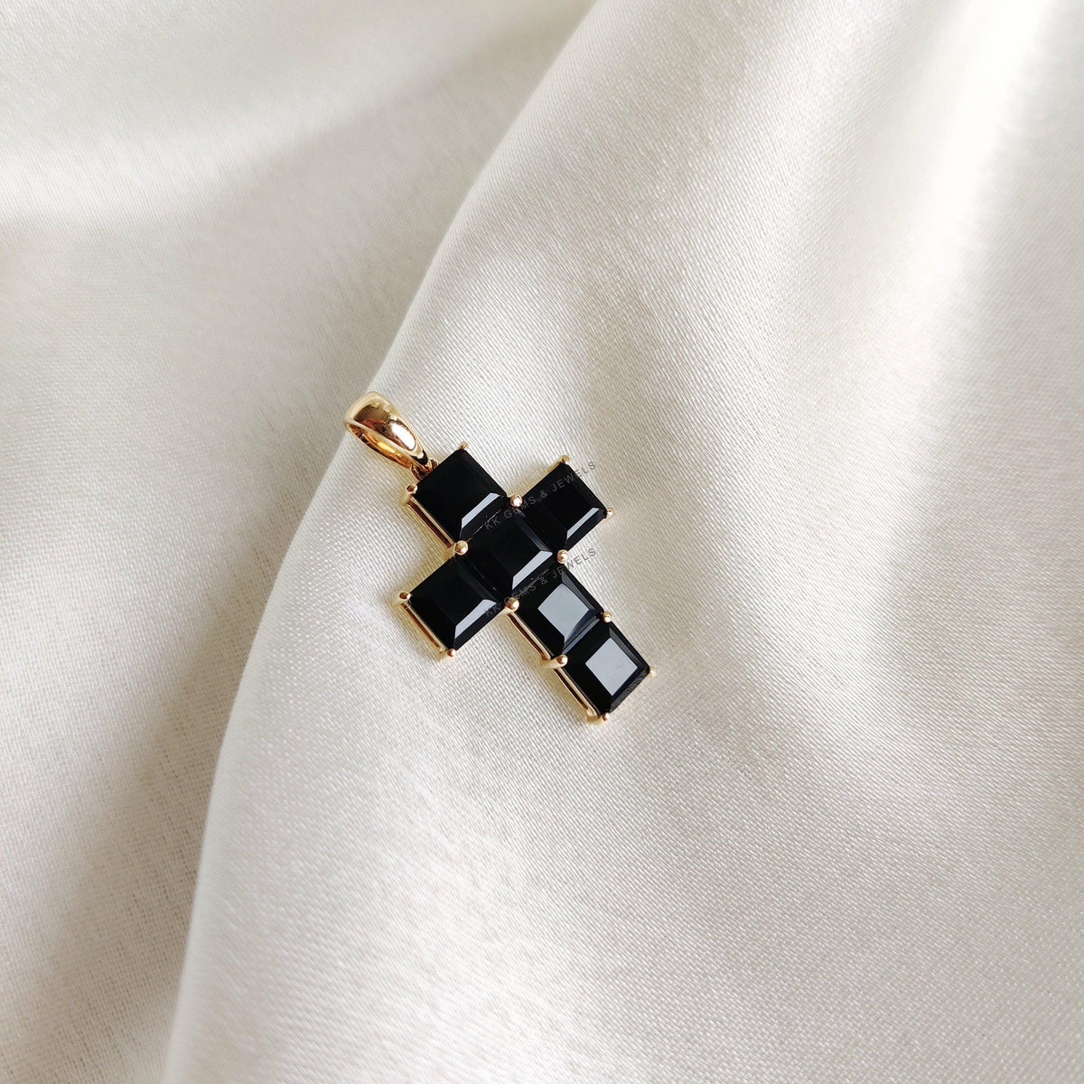 Natural Black Onyx Cross Pendant, 14K Solid Yellow Gold, December Birthstone