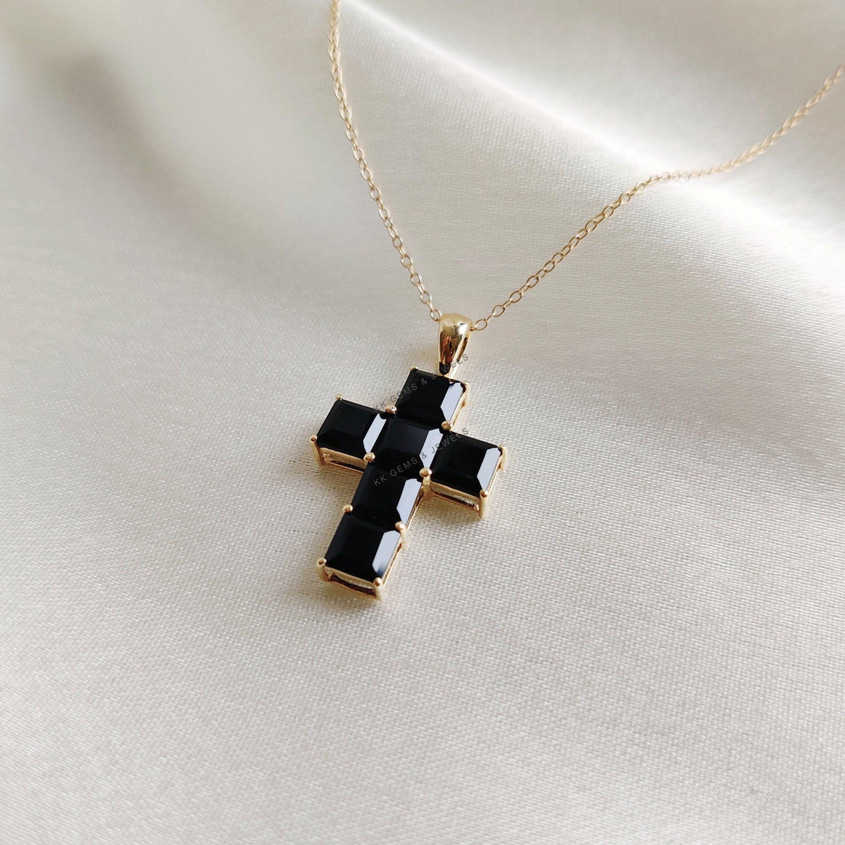 Natural Black Onyx Cross Pendant, 14K Solid Yellow Gold, December Birthstone