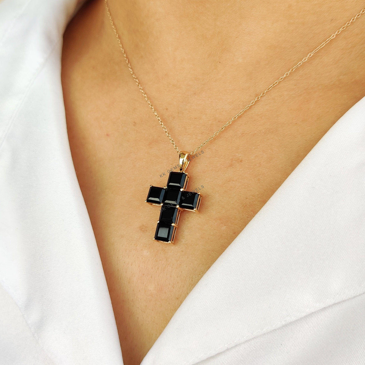 Natural Black Onyx Cross Pendant, 14K Solid Yellow Gold, December Birthstone