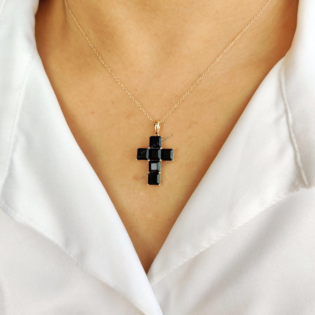 Natural Black Onyx Cross Pendant, 14K Solid Yellow Gold, December Birthstone