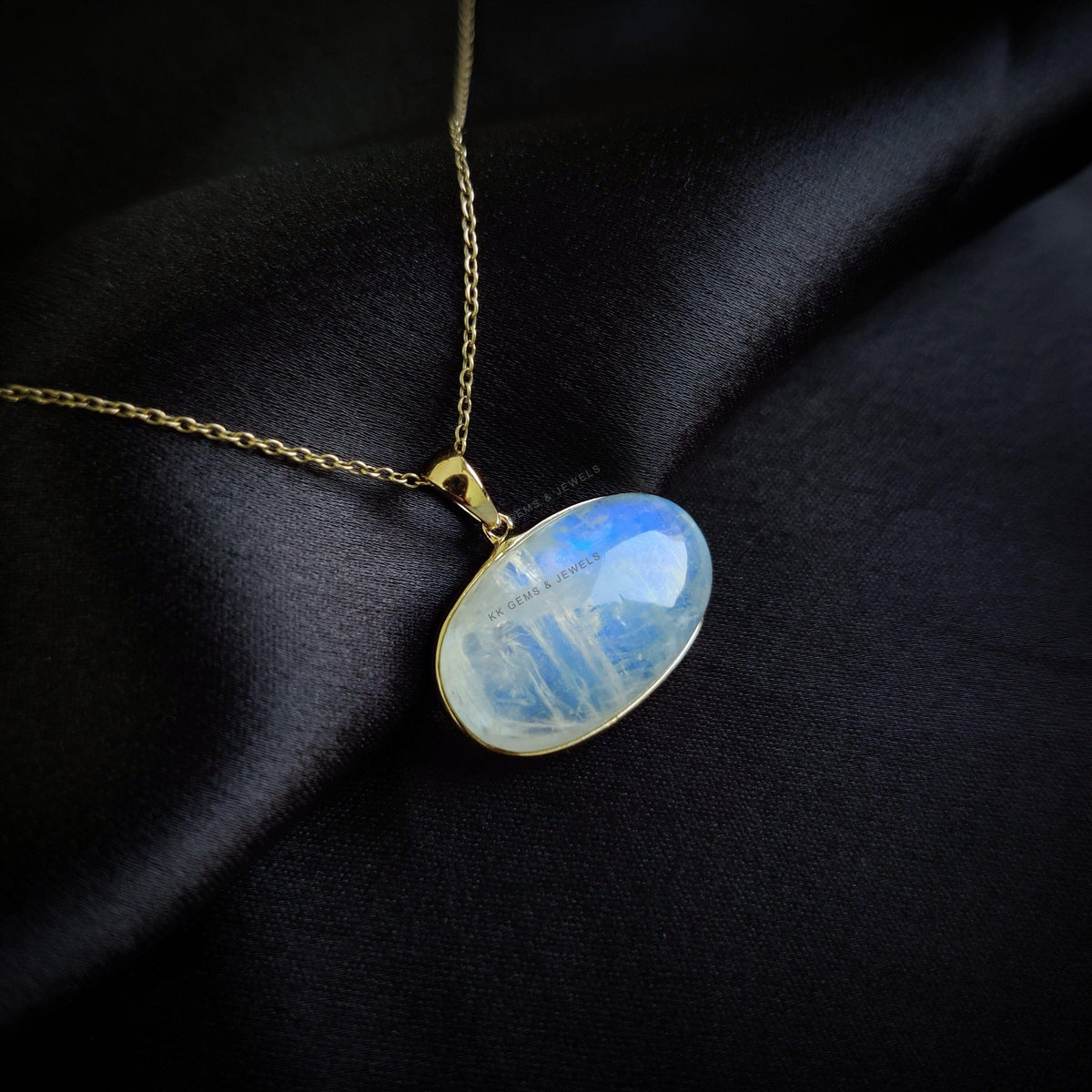 14K Solid Yellow Gold Natural Rainbow Moonstone Pendant, June Birthstone
