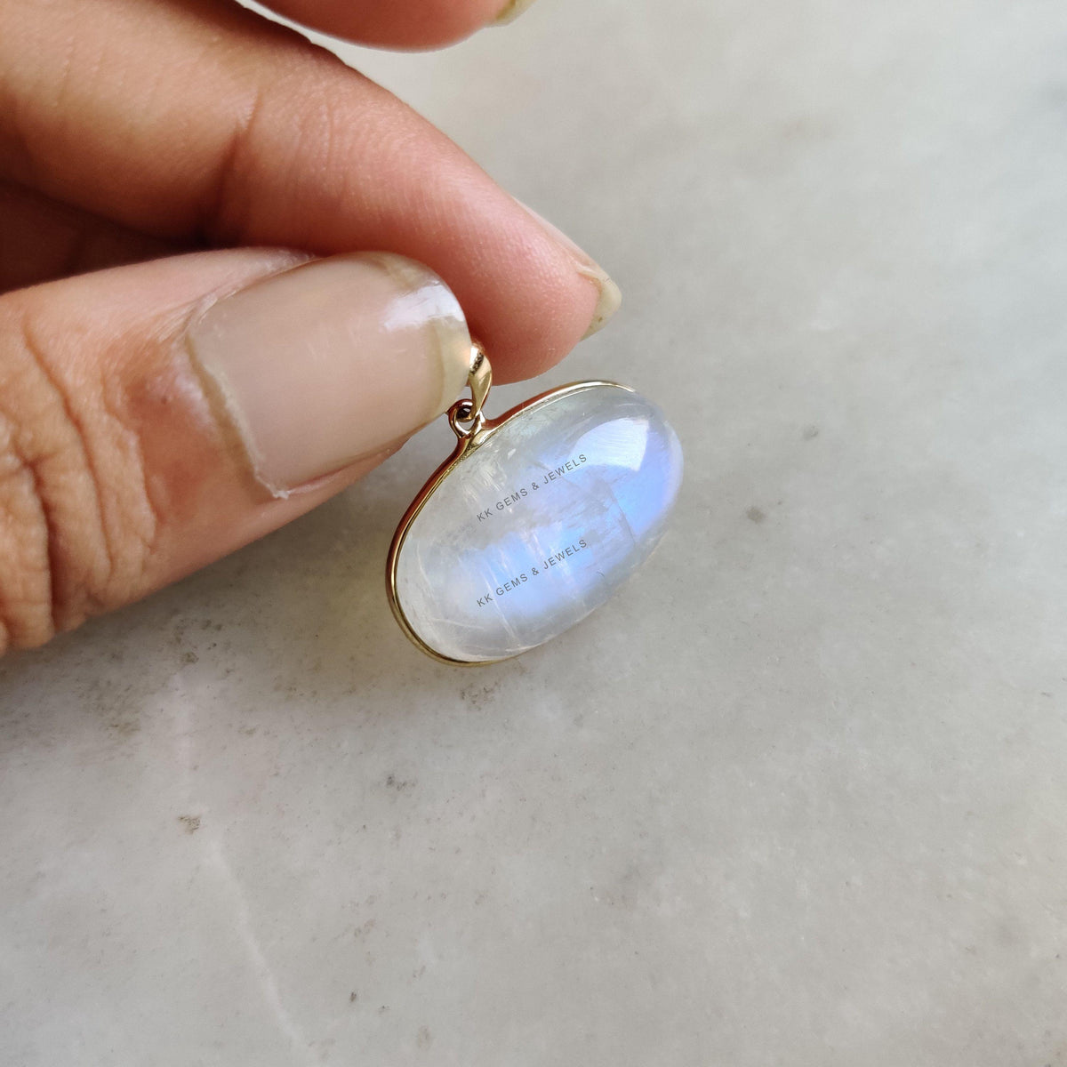 14K Solid Yellow Gold Natural Rainbow Moonstone Pendant, June Birthstone