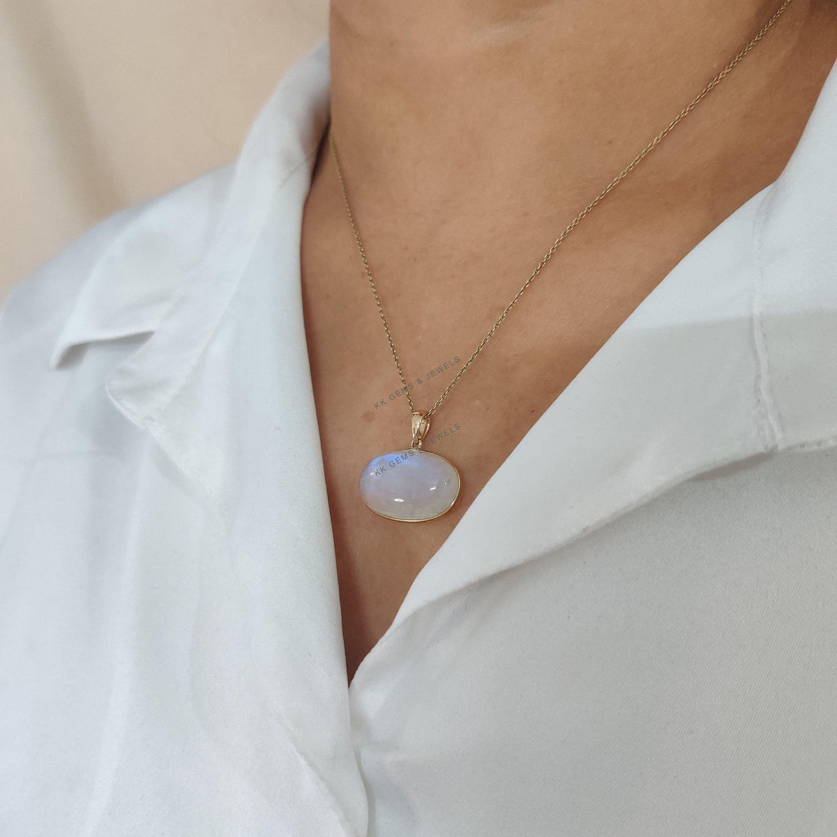 14K Solid Yellow Gold Natural Rainbow Moonstone Pendant, June Birthstone