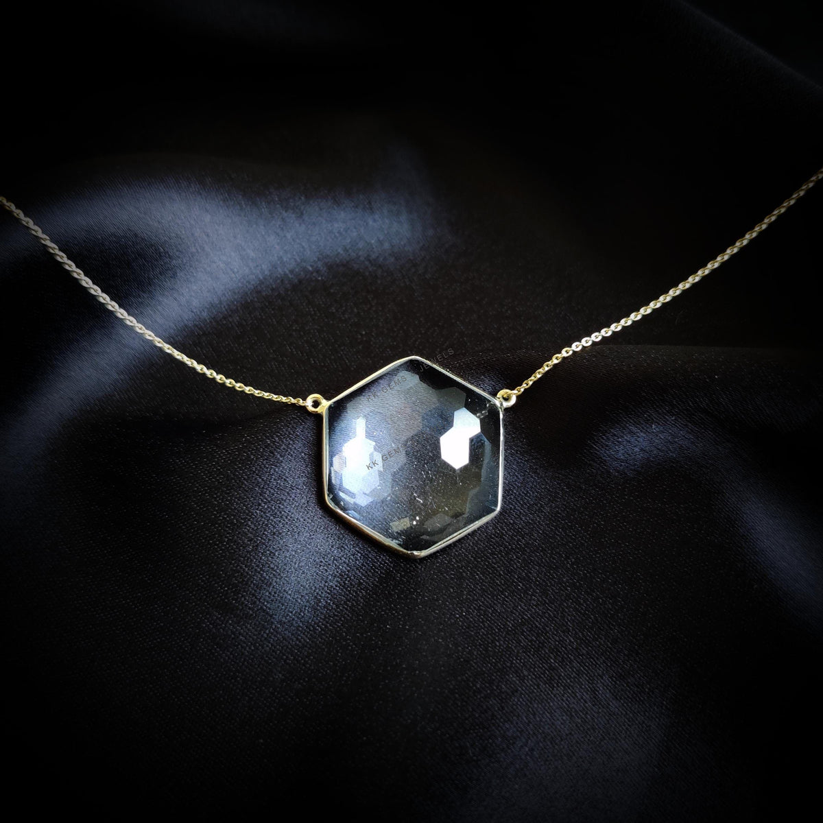 14K Solid Yellow Gold Natural Clear Quartz Hexagon Football Cut Chain Necklace, April Birthstone