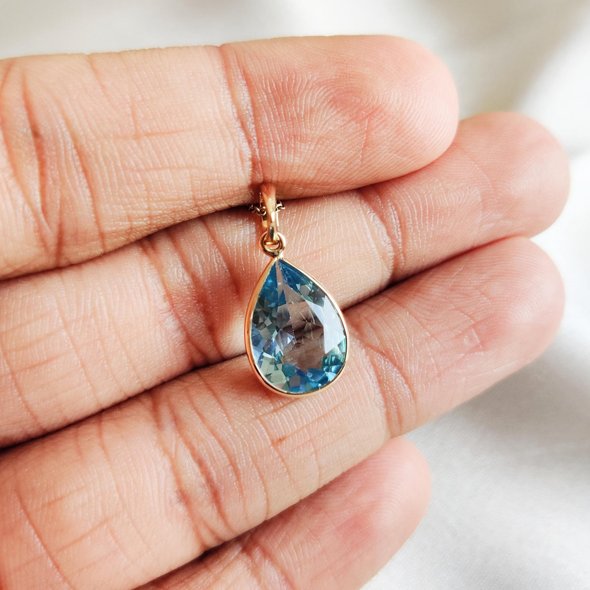 14K Solid Yellow Gold Natural Sky Blue Topaz Pear Pendant, December Birthstone