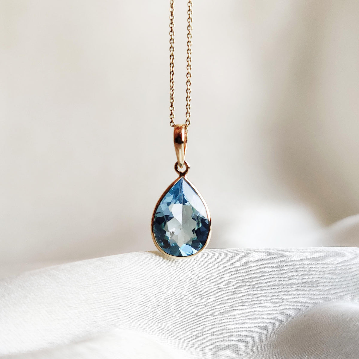14K Solid Yellow Gold Natural Sky Blue Topaz Pear Pendant, December Birthstone