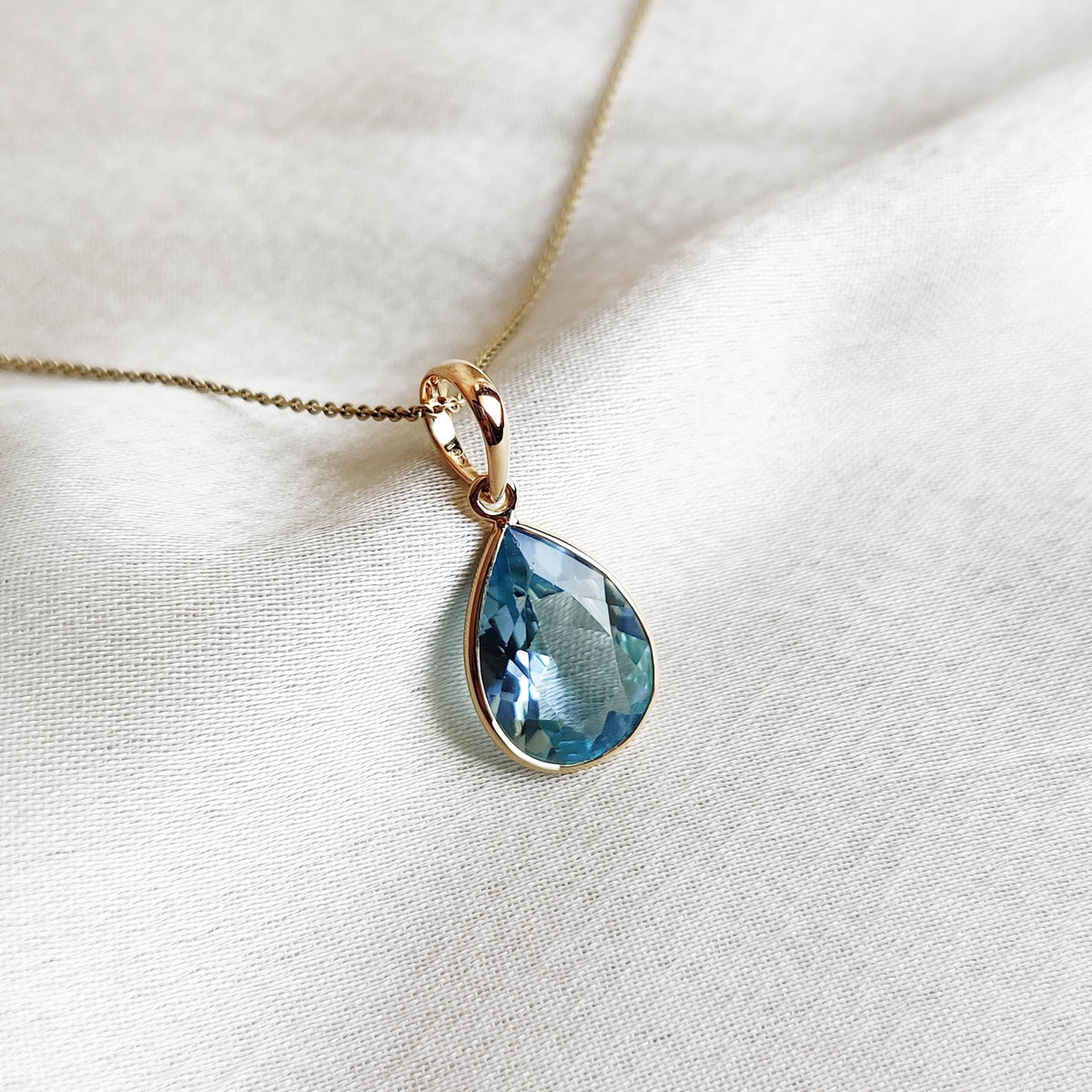 14K Solid Yellow Gold Natural Sky Blue Topaz Pear Pendant, December Birthstone