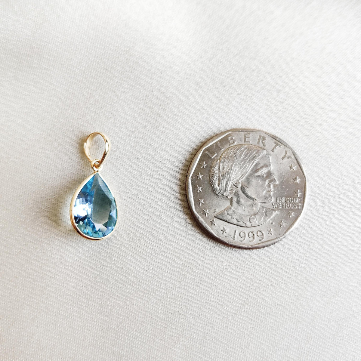 14K Solid Yellow Gold Natural Sky Blue Topaz Pear Pendant, December Birthstone