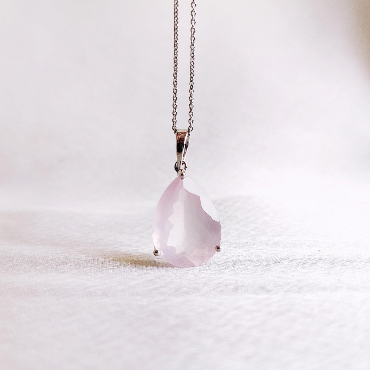 Natural Rose Quartz 14K Solid White Gold Pear Pendant, January Birthstone