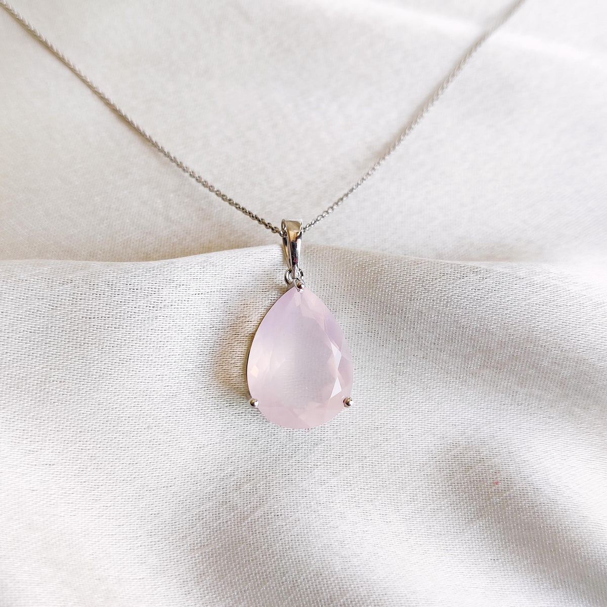 Natural Rose Quartz 14K Solid White Gold Pear Pendant, January Birthstone