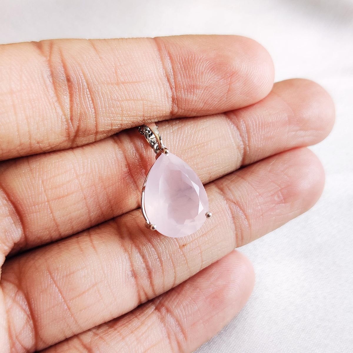 Natural Rose Quartz 14K Solid White Gold Pear Pendant, January Birthstone